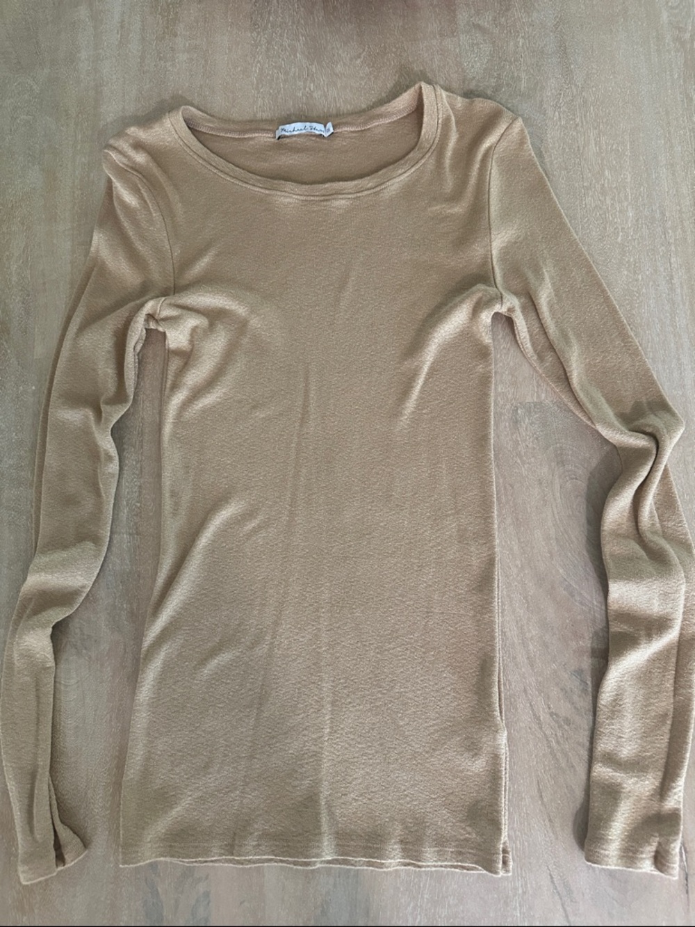 Michael Stars Beige/Golden tone Shine Long-Sleeve Slim Crewneck Top